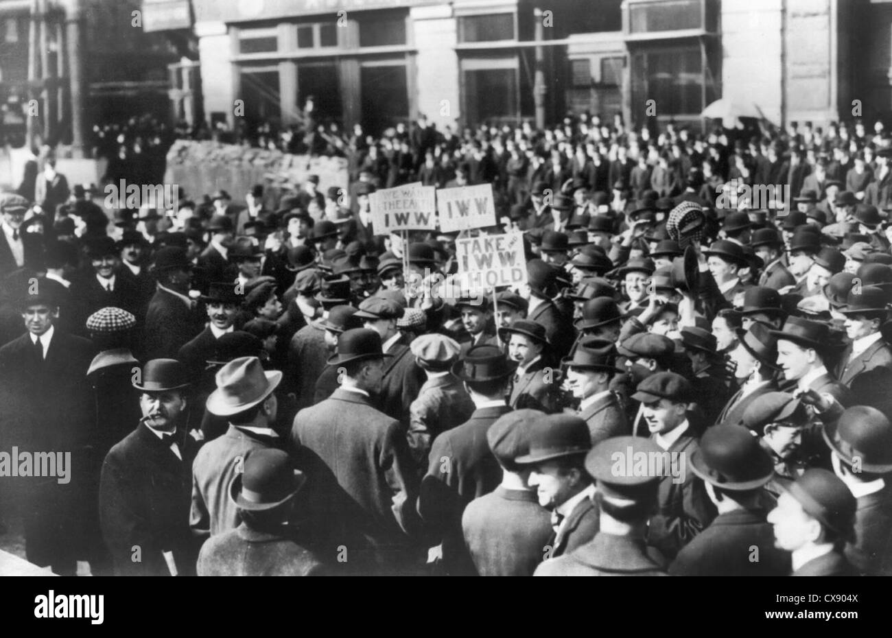 I.W.W. Meeting -- Union Square - crowd at IWW (Industrial Workers of the World) rally in Union Square, New York City on April 11, 1914 Stock Photo