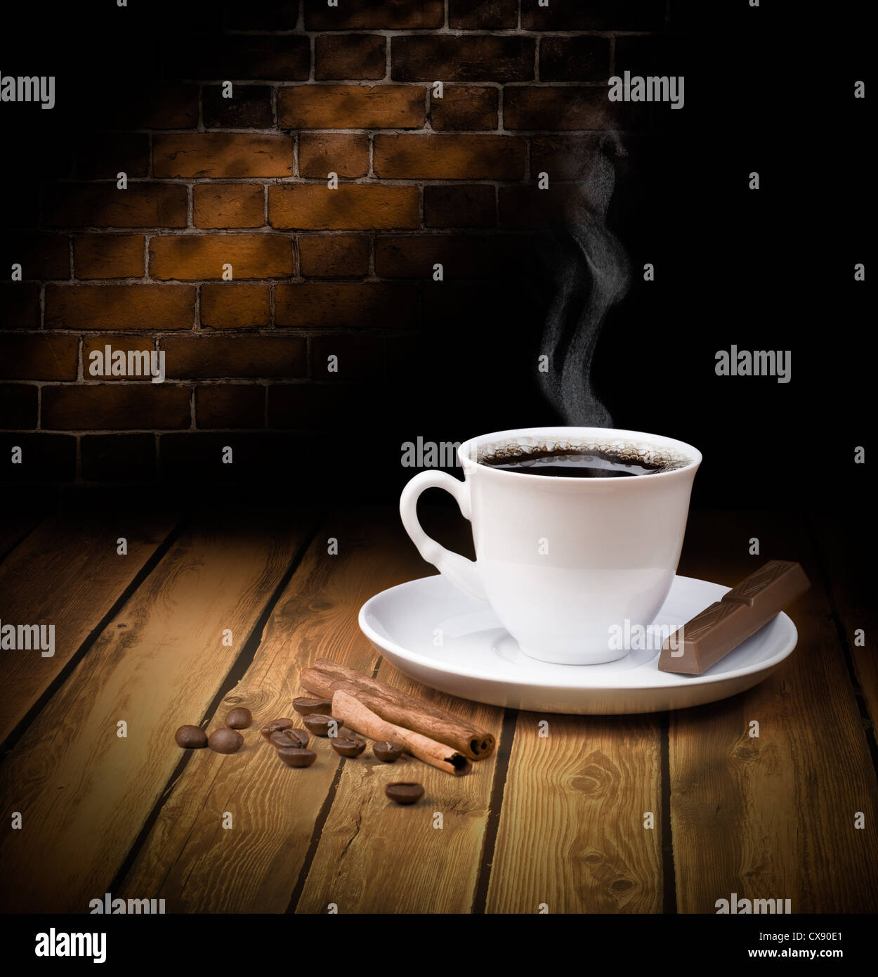 Black hot coffee cup with chocolate and cinnamon Stock Photo