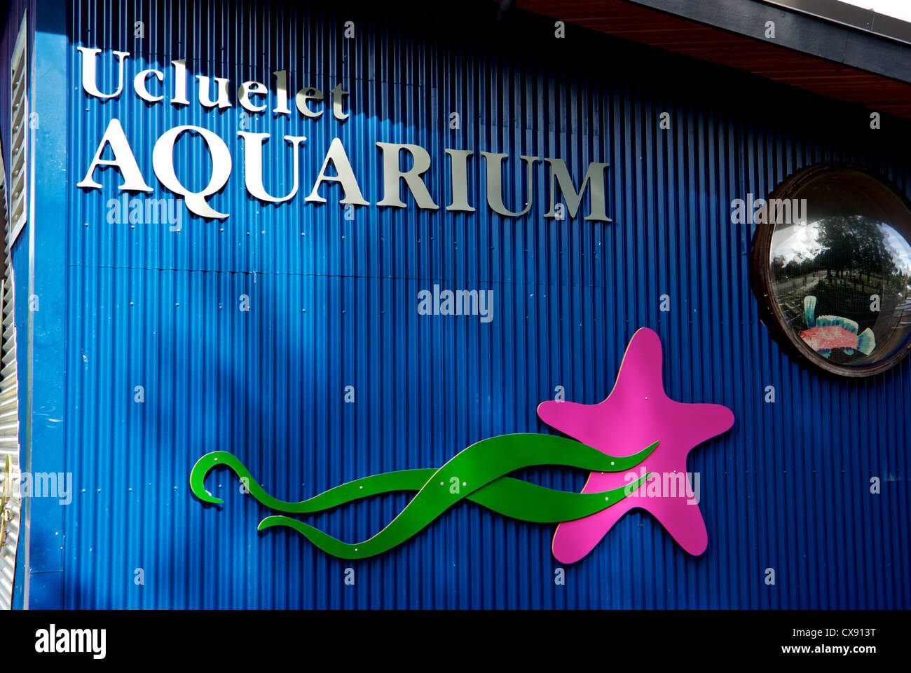 Entrance sign Ucluelet Aquarium building west coast Vancouver Island BC