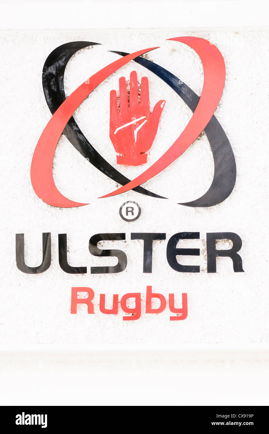 Ulster Rugby logo on the side of a building in Ravenhill Rugby Football ground Stock Photo