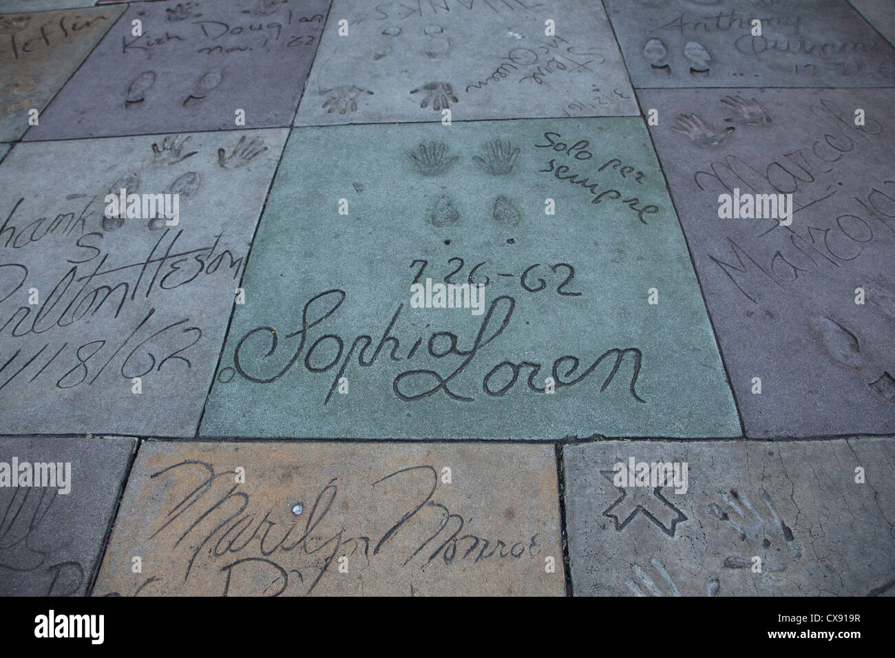 Hand and Foot Prints, Manns or Graumans Chinese movie Theatre, Hollywood Boulevard, Los Angeles, California, USA Stock Photo
