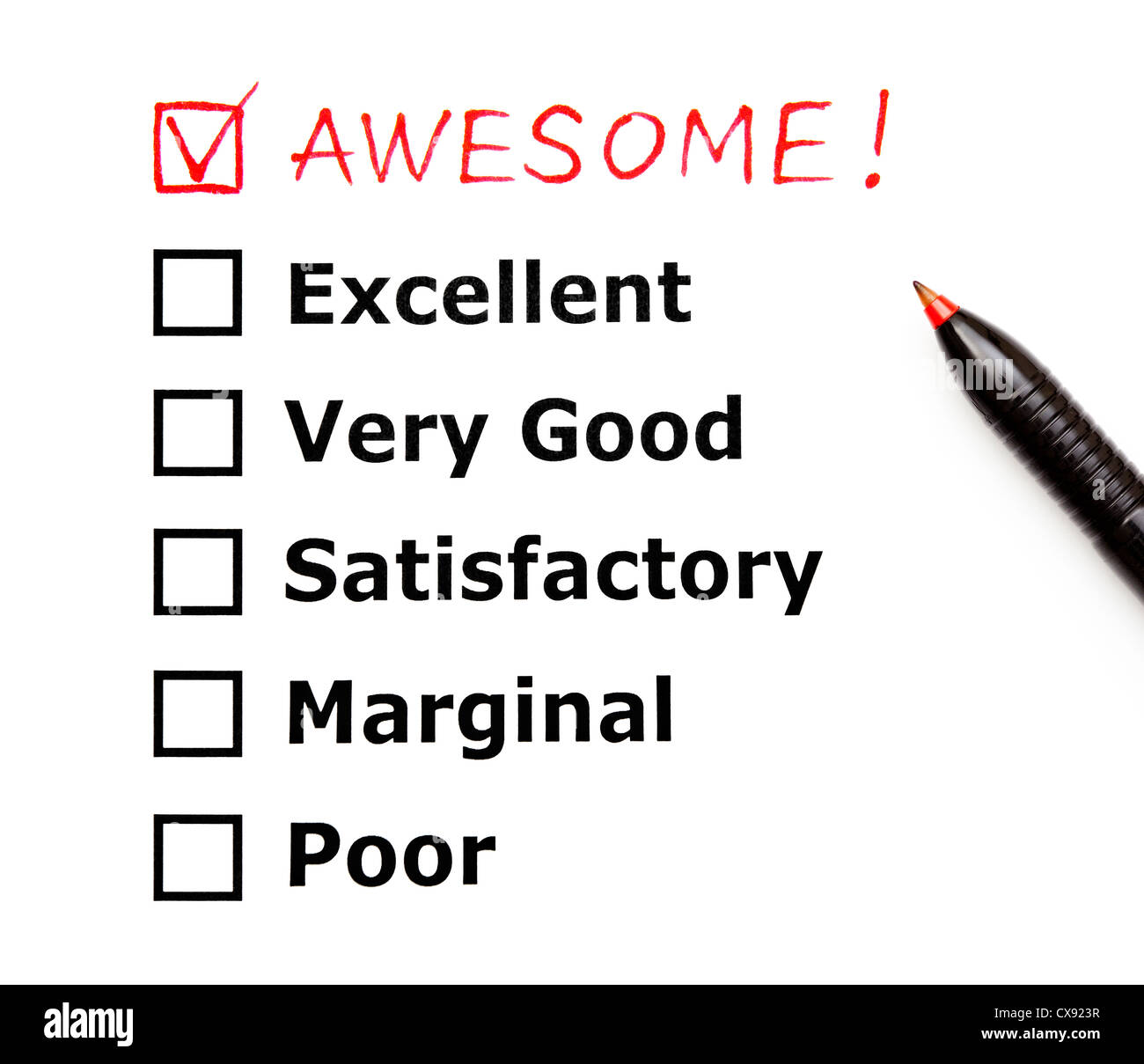 Awesome added on top of an customer evaluation form with red pen Stock Photo