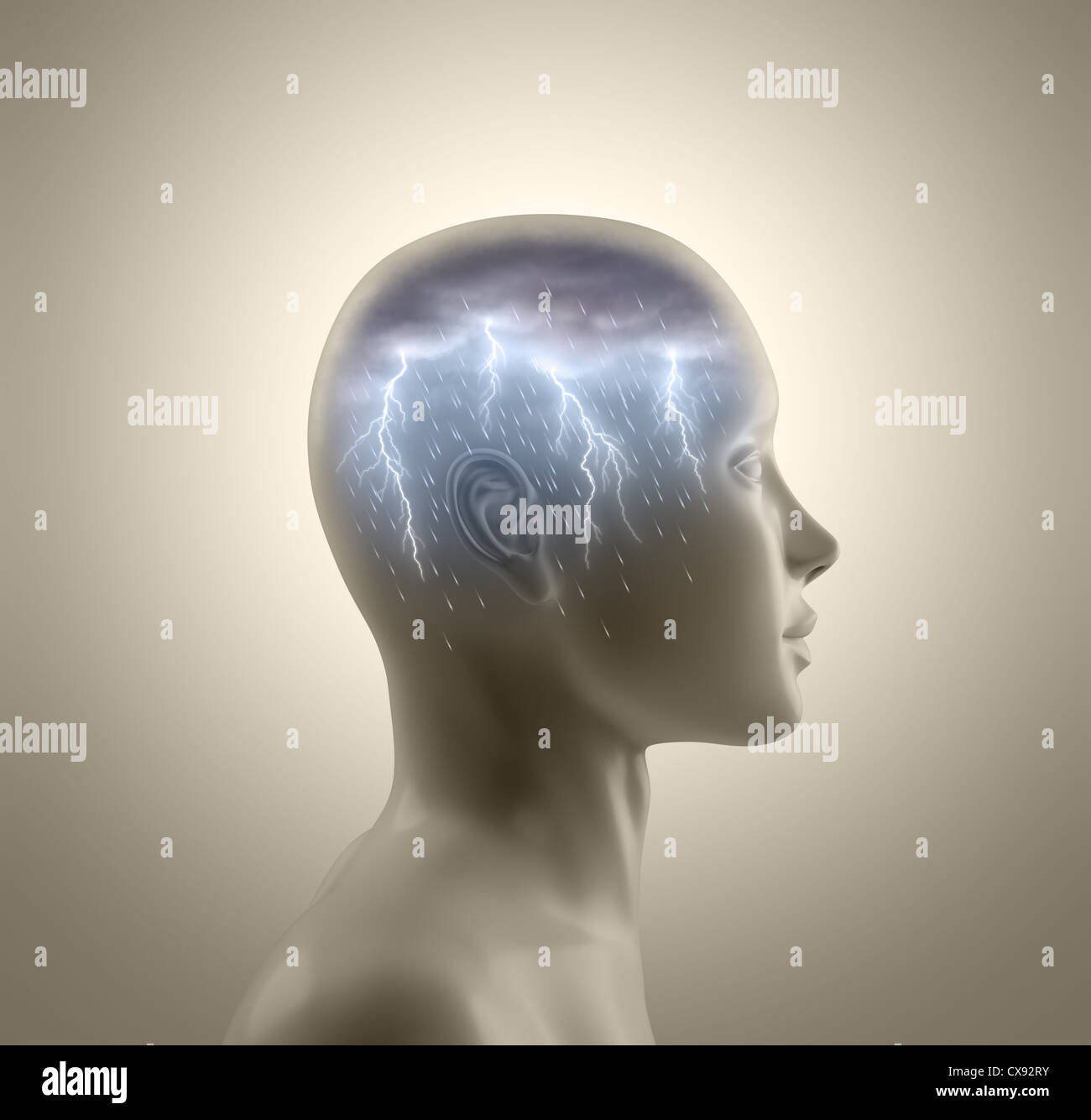 Storm inside the head. Lightning and rain falls from the clouds symbolizing the concept of brainstorm. Stock Photo