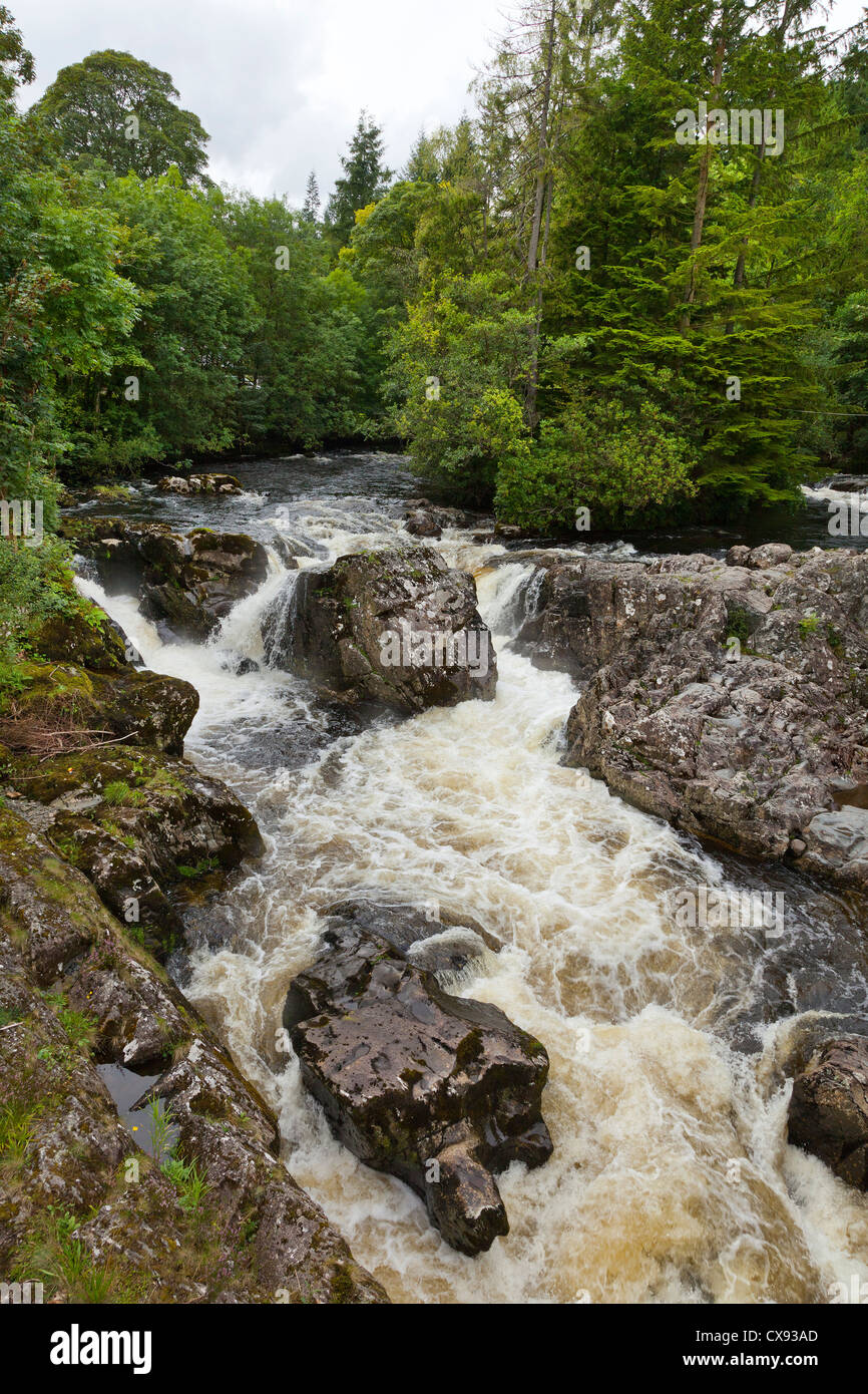 Betws y Coed, Wales, Pont-y-pair Bridge waterfalls looking West from the bridge. Stock Photo