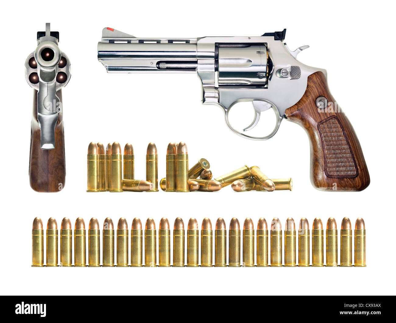 Several objects in different positions of the gun and bullets. All objects are over white. Stock Photo