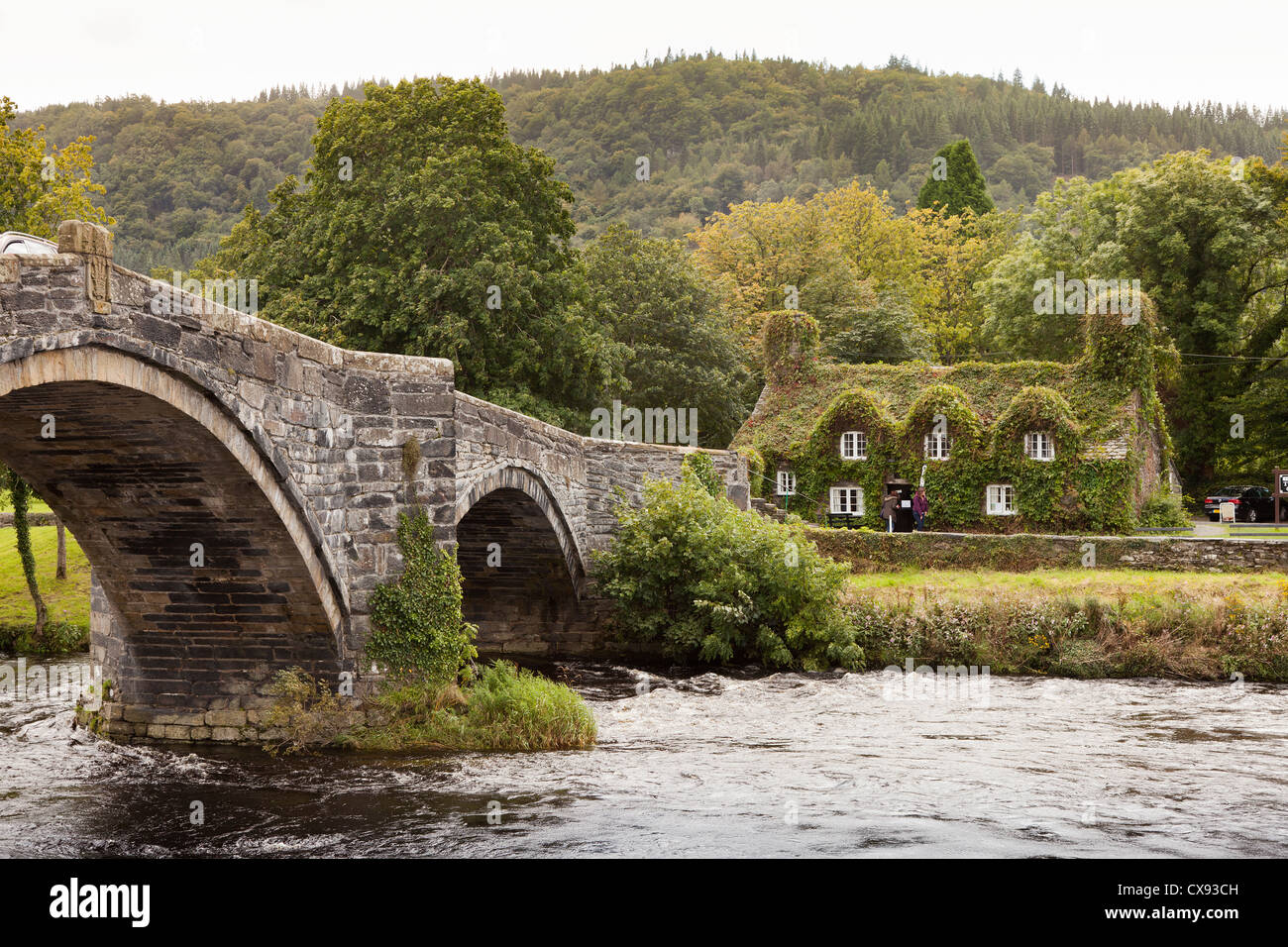 The three-arch stone bridge, Pont Fawr, in Llanrwst, Wales. Tu Hwnt i'r Bont in the background. The river Conwy passes under. Stock Photo
