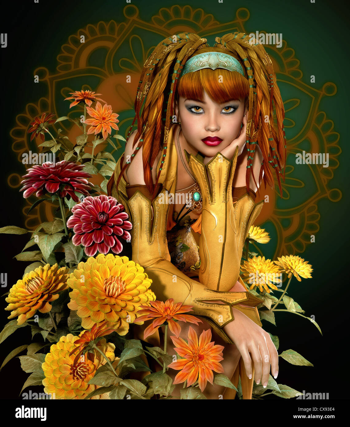 a girl with dreadlocks sits in the middle of dahlias Stock Photo