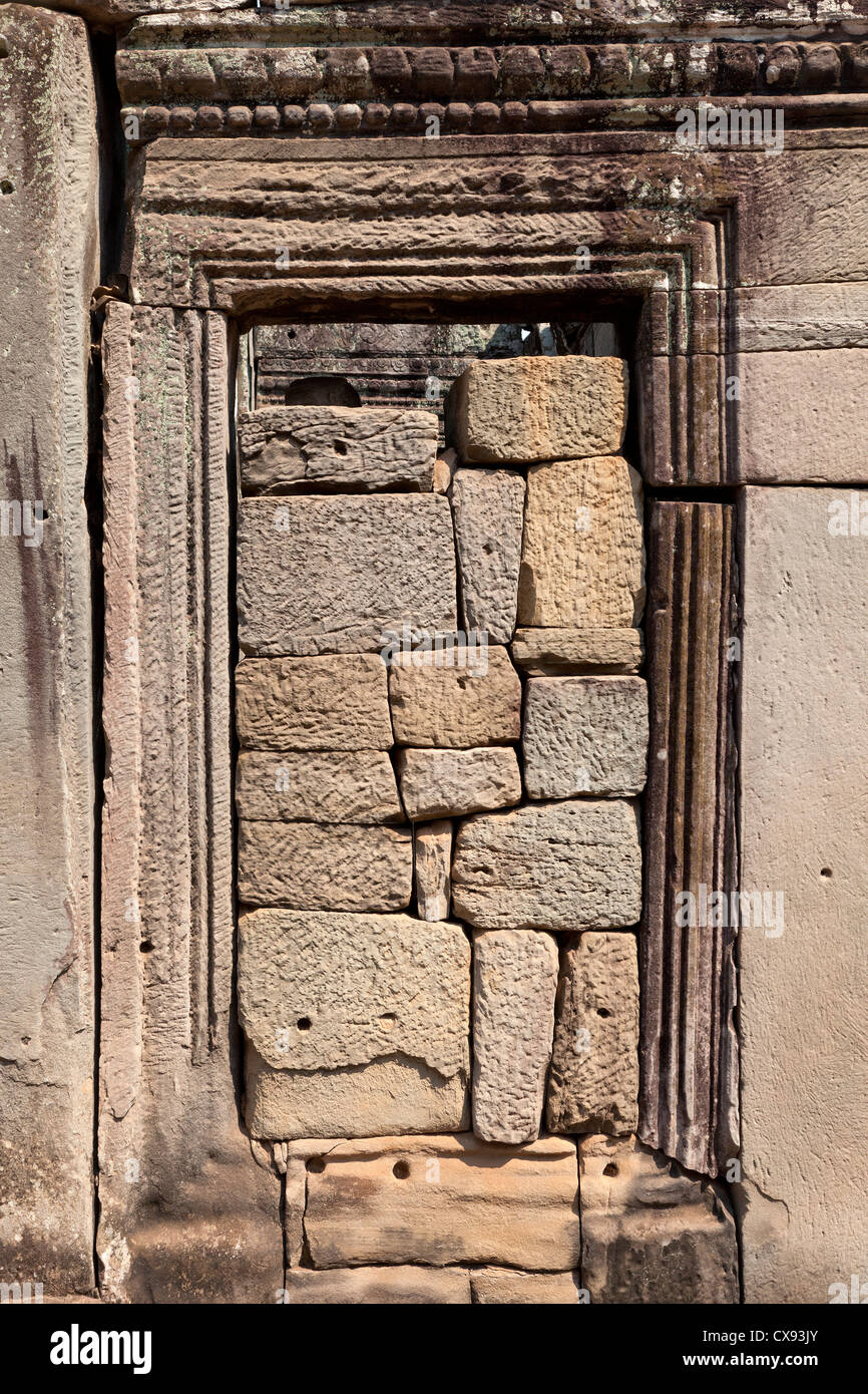 Angkor temple details, blocks in a doorway, very tight joints Stock Photo