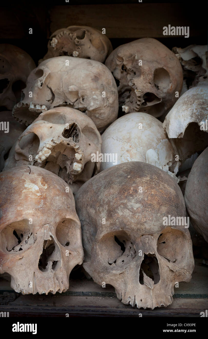 Human remains, shulls at Choeung Ek genocidal centre, south of Phnom Penh, Cambodia. Stock Photo