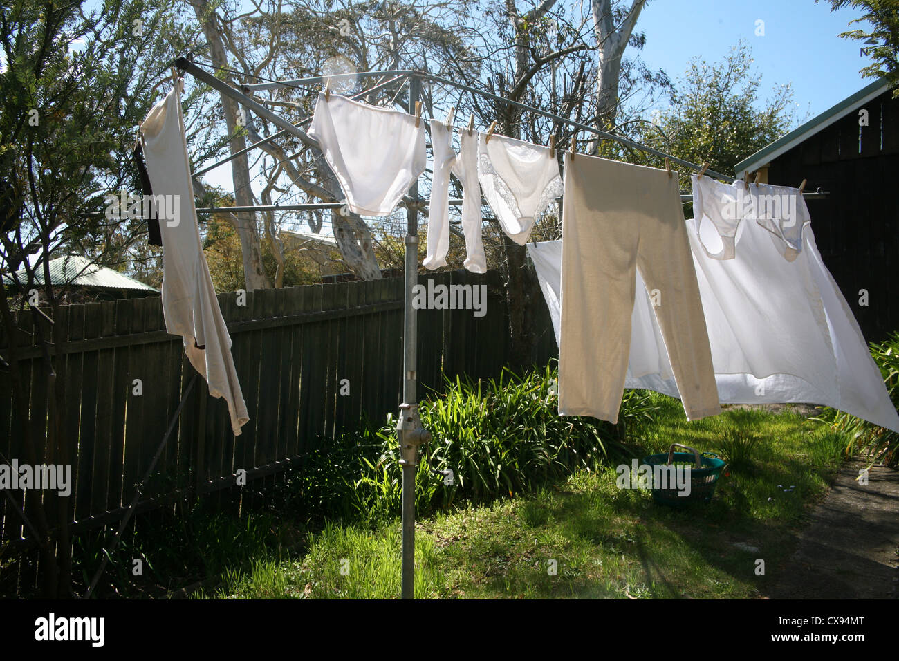 Washing dries on a Hills Hoist Australia Stock Photo