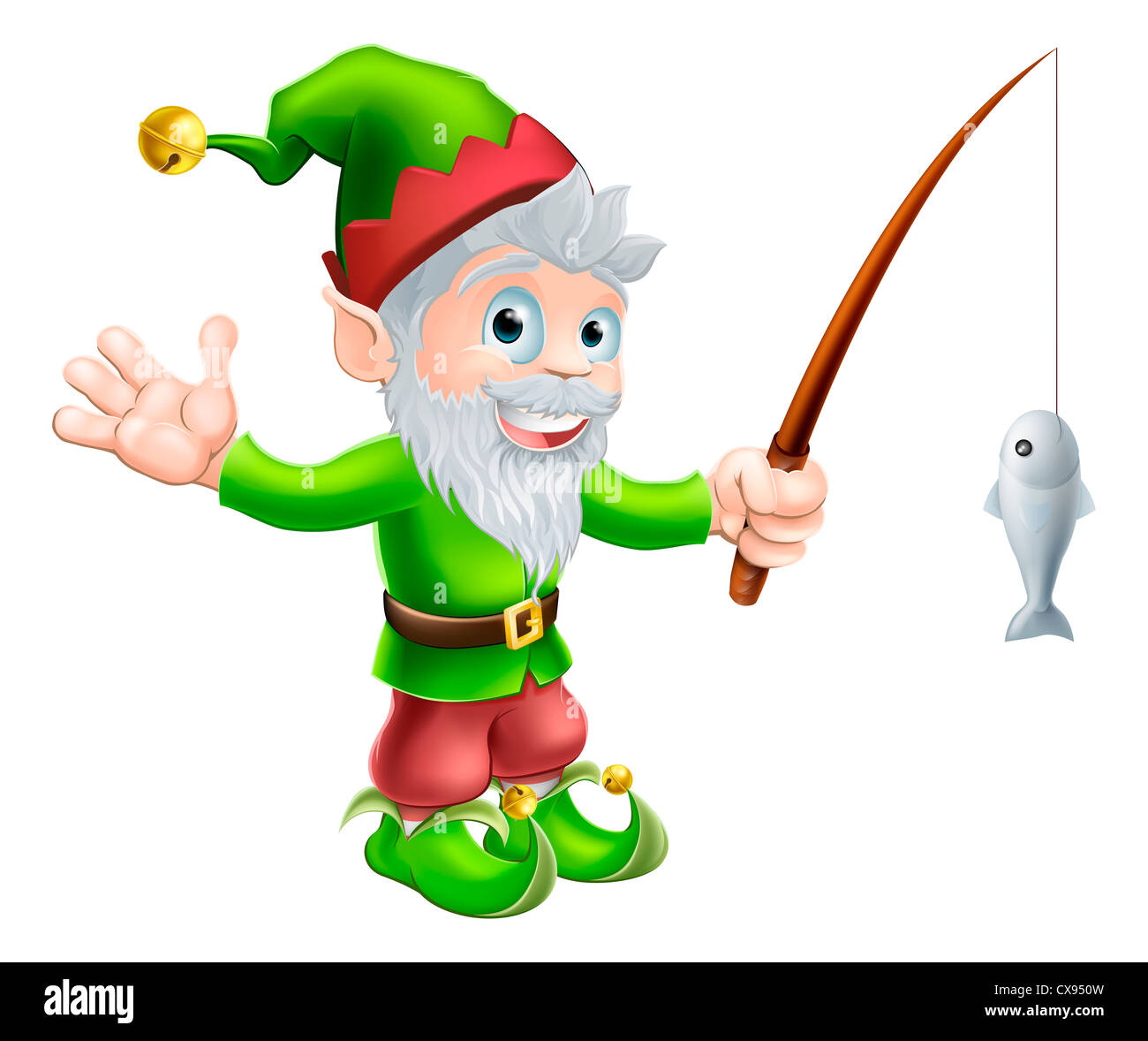 Illustration of a cute happy waving garden gnome elf character or mascot with a fishing rod Stock Photo