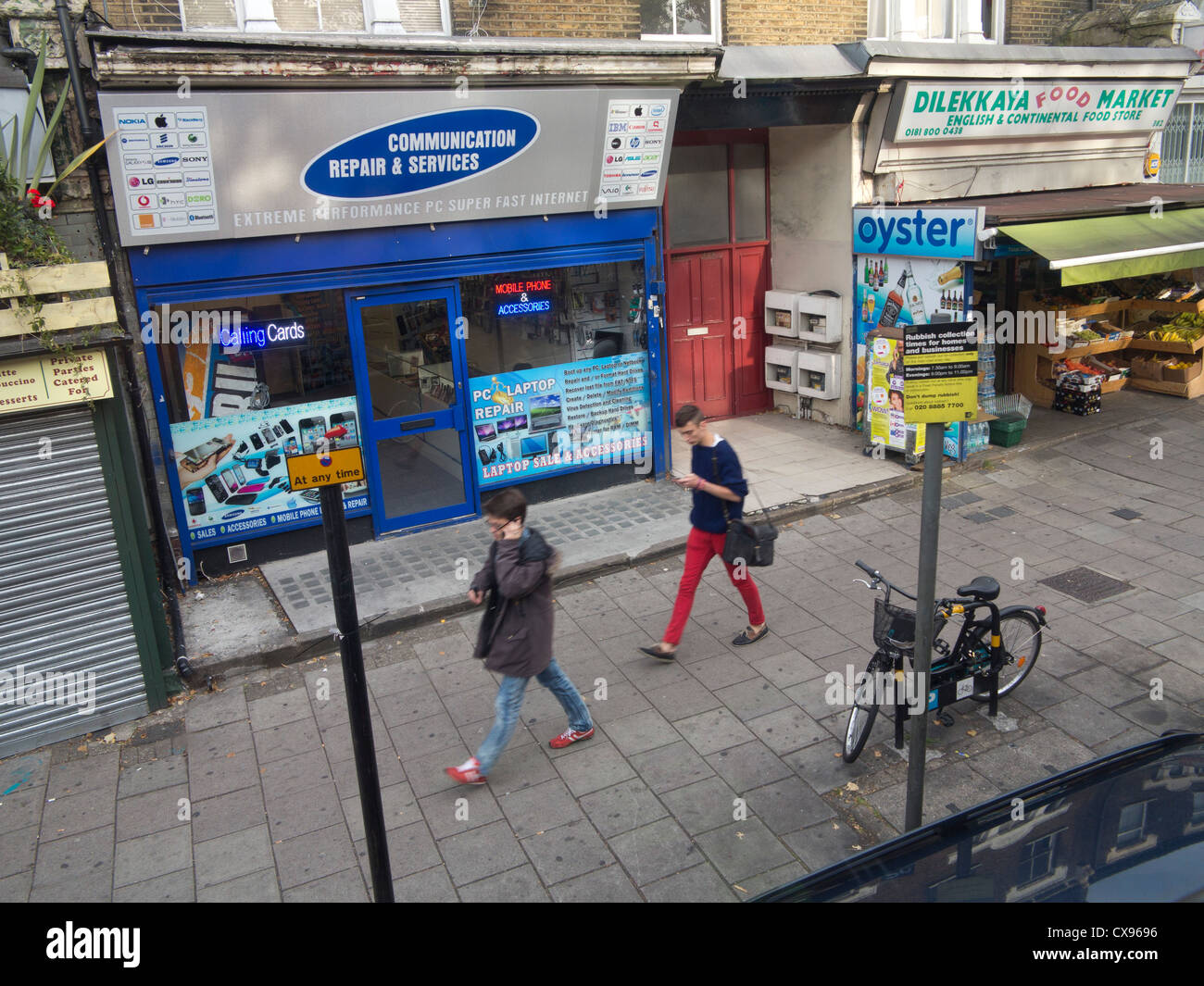 Shops in Tottenham, London, viewed from a double decker bus Stock Photo