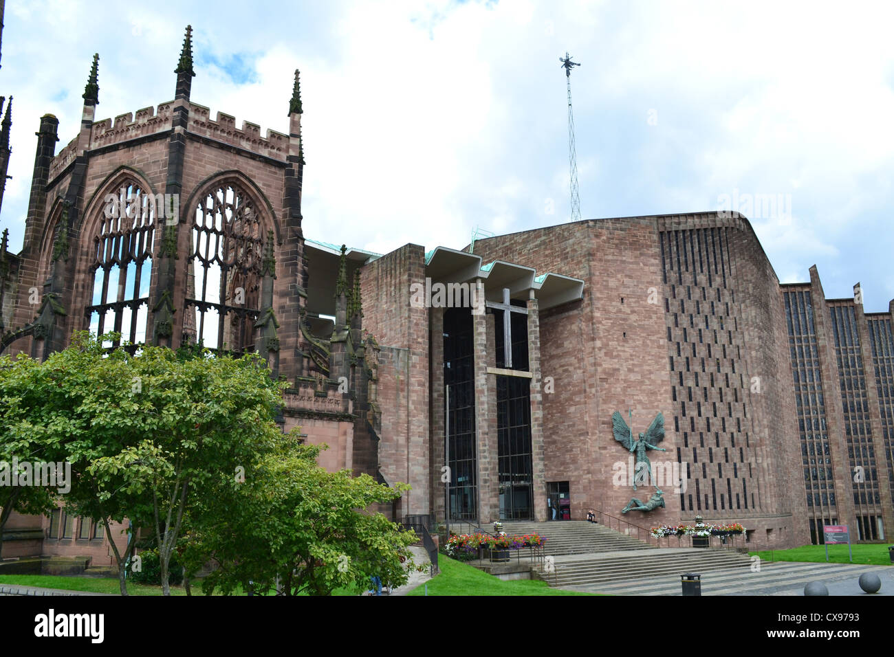 Ruins of Coventry Cathedral bombed during the Blitz in World War 2 with the New Cathedral built next to the ruins Stock Photo