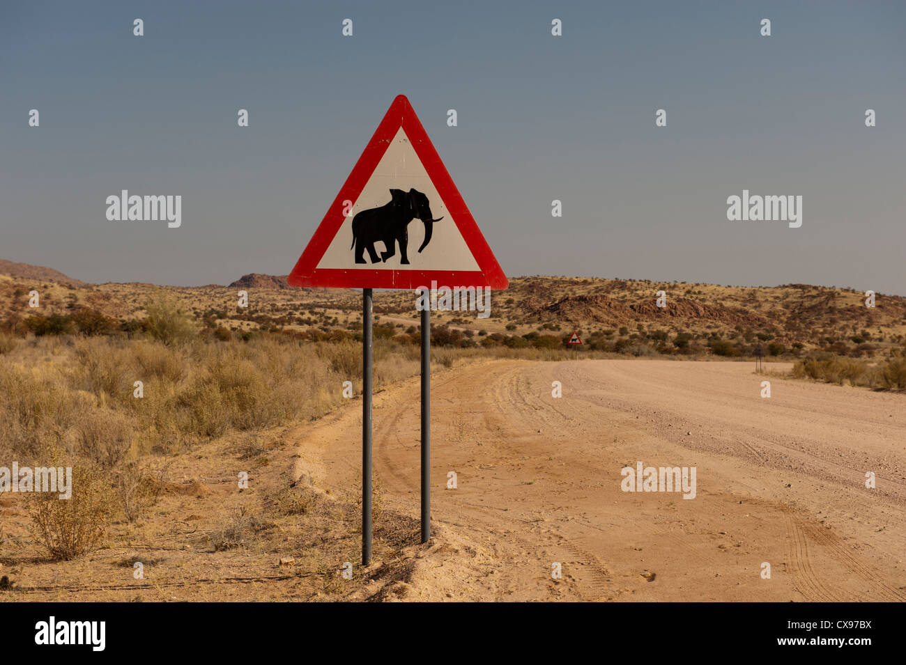 Typical road sign warning of elephants on the road ahead in Namibia, Africa Stock Photo