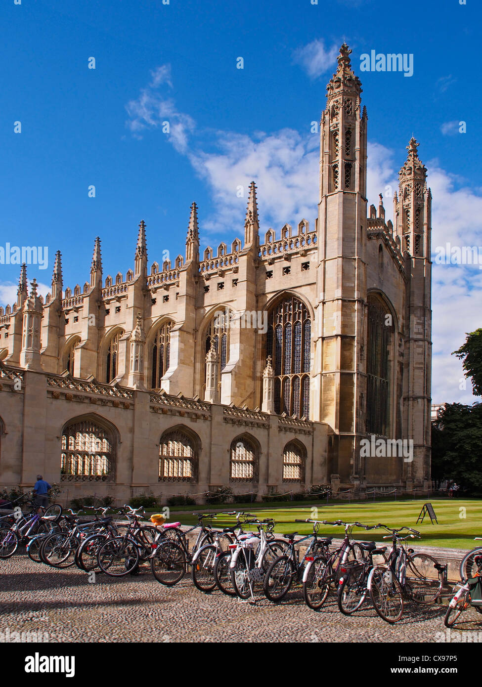 Portrait image of the front of Kings College Chapel Cambridge against blue autumn skies Stock Photo