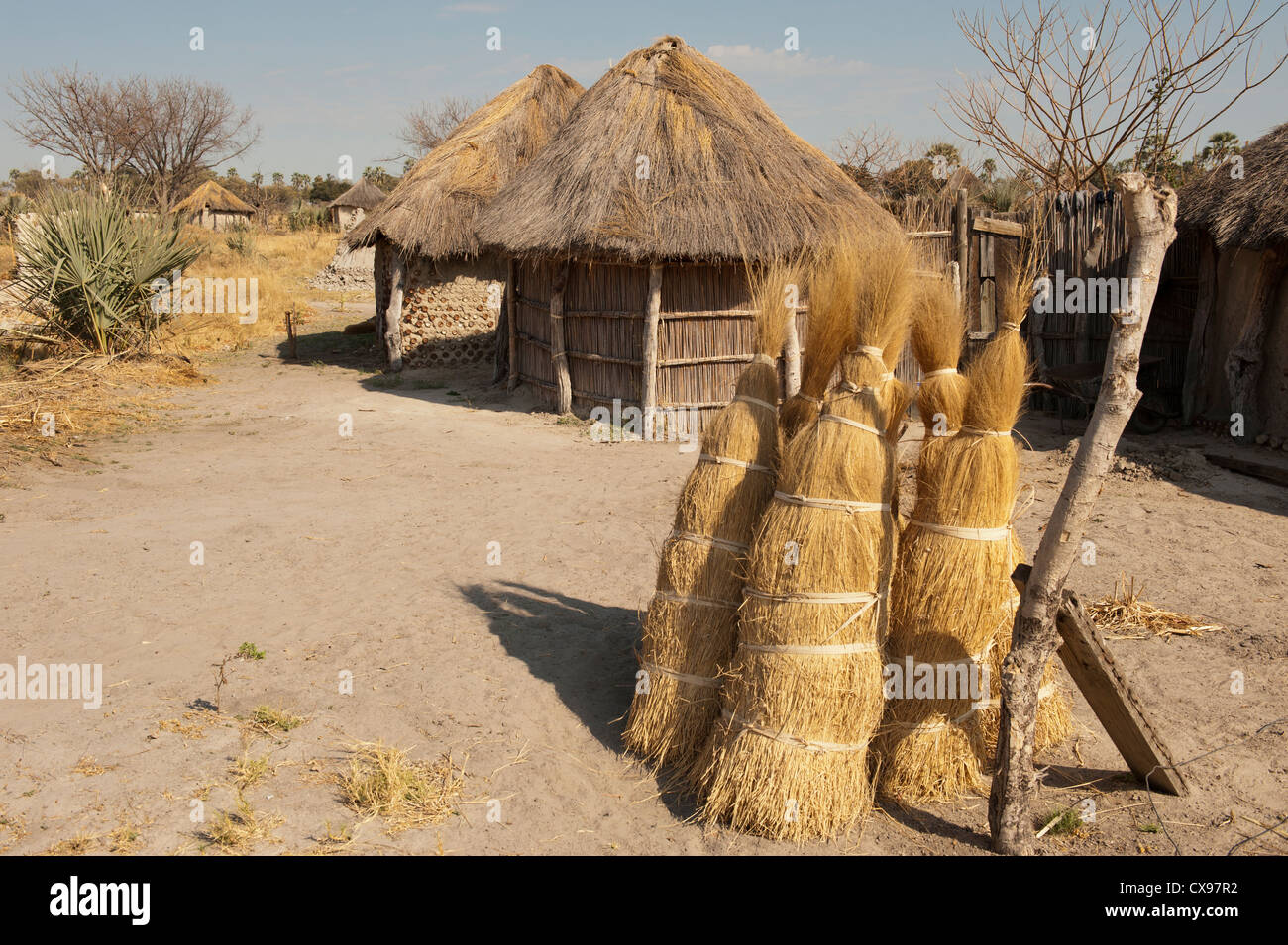 African village with thatched rondavel huts in the Okovonga Delta region of Botswana Stock Photo