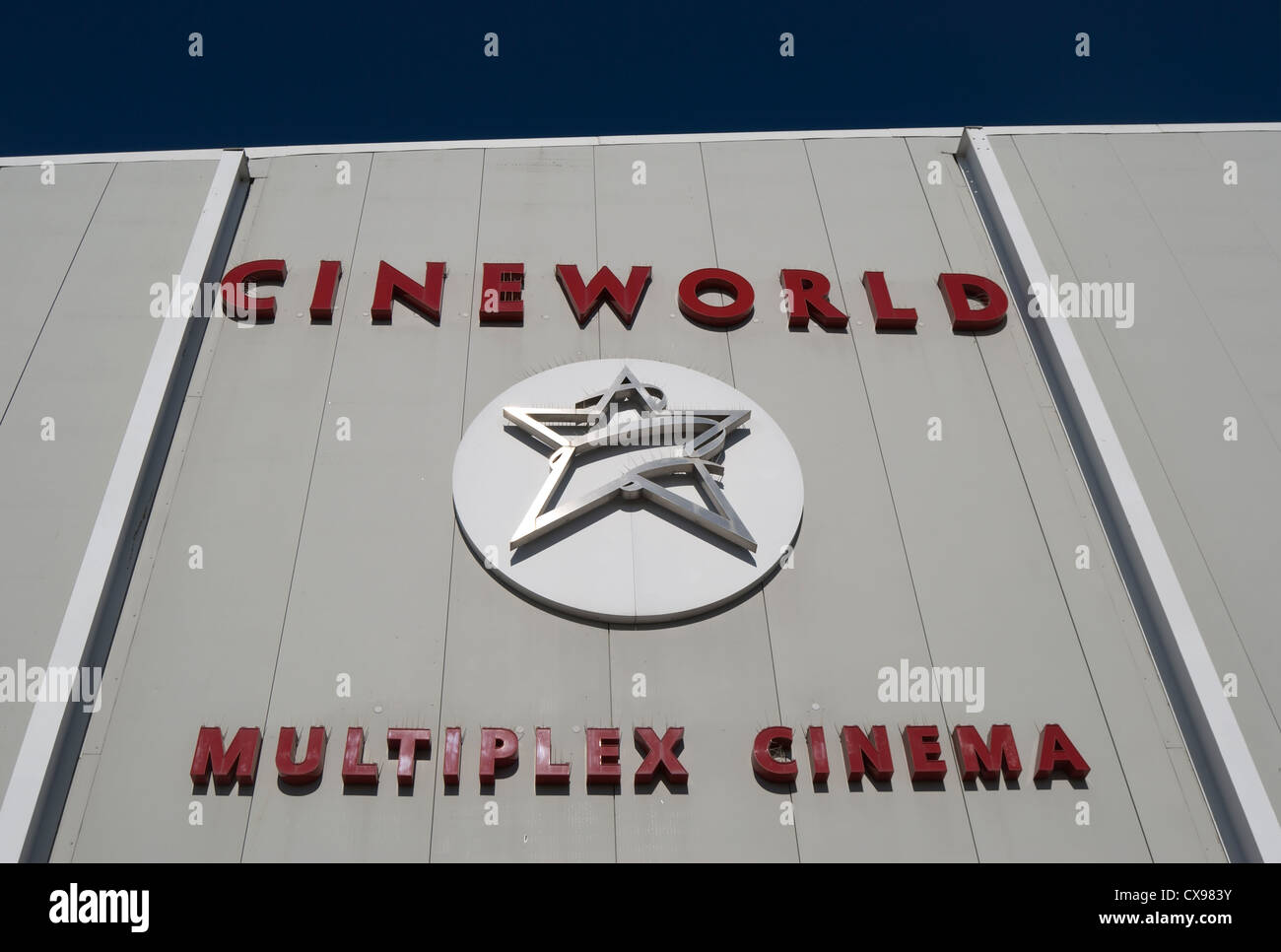exterior detail with name and logo of cineworld multiplex cinema, feltham, middlesex, england Stock Photo