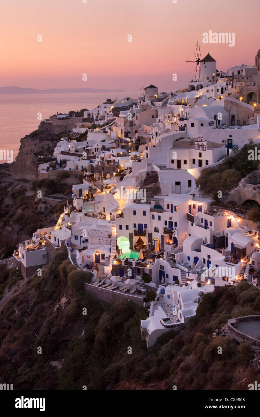 View of Oia village on Santorini at sunset Stock Photo