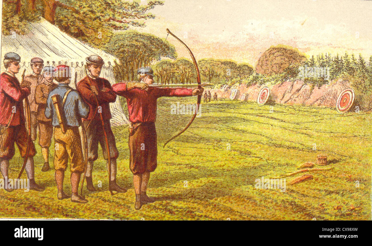 Chromolithographed scene of Archery Stock Photo