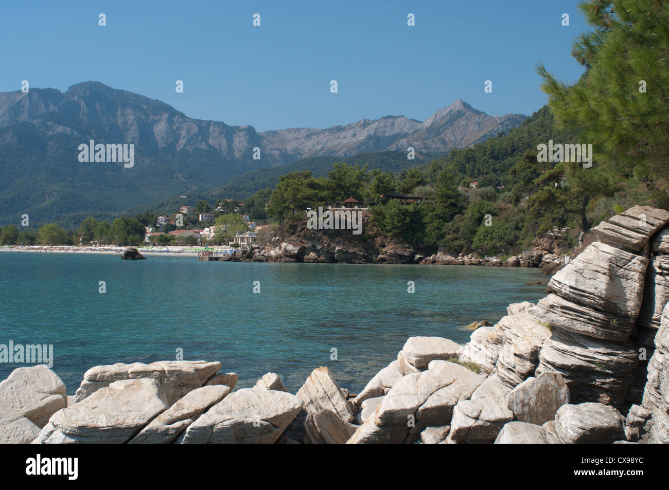 Thasssos Greece. View toward Golden beach (Chrisi Ammoudia/Skala Panagias) in distance. Stock Photo