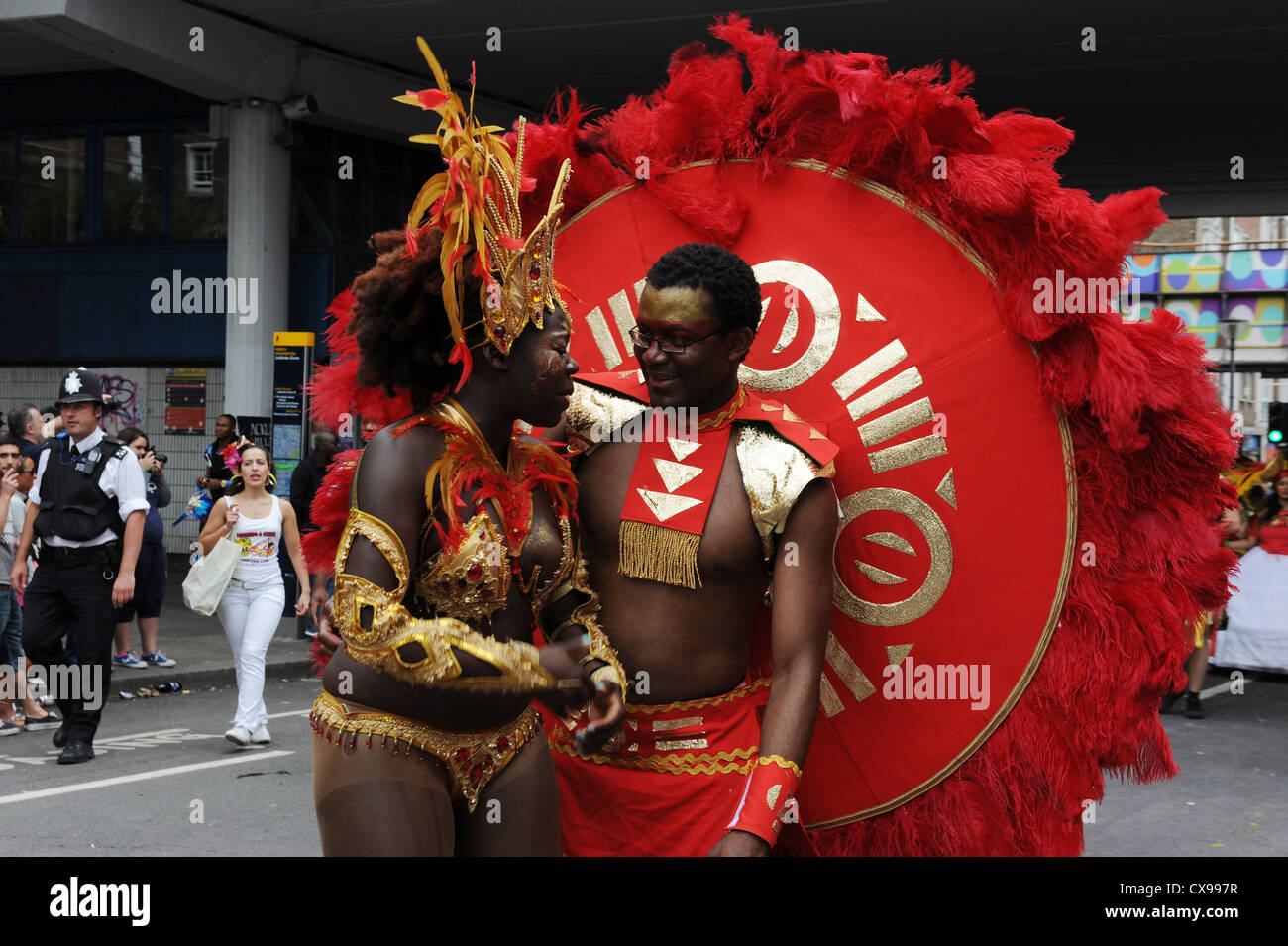 Performers dancing in the parade at Notting Hill Carnival on Monday 27th August 2012. Stock Photo