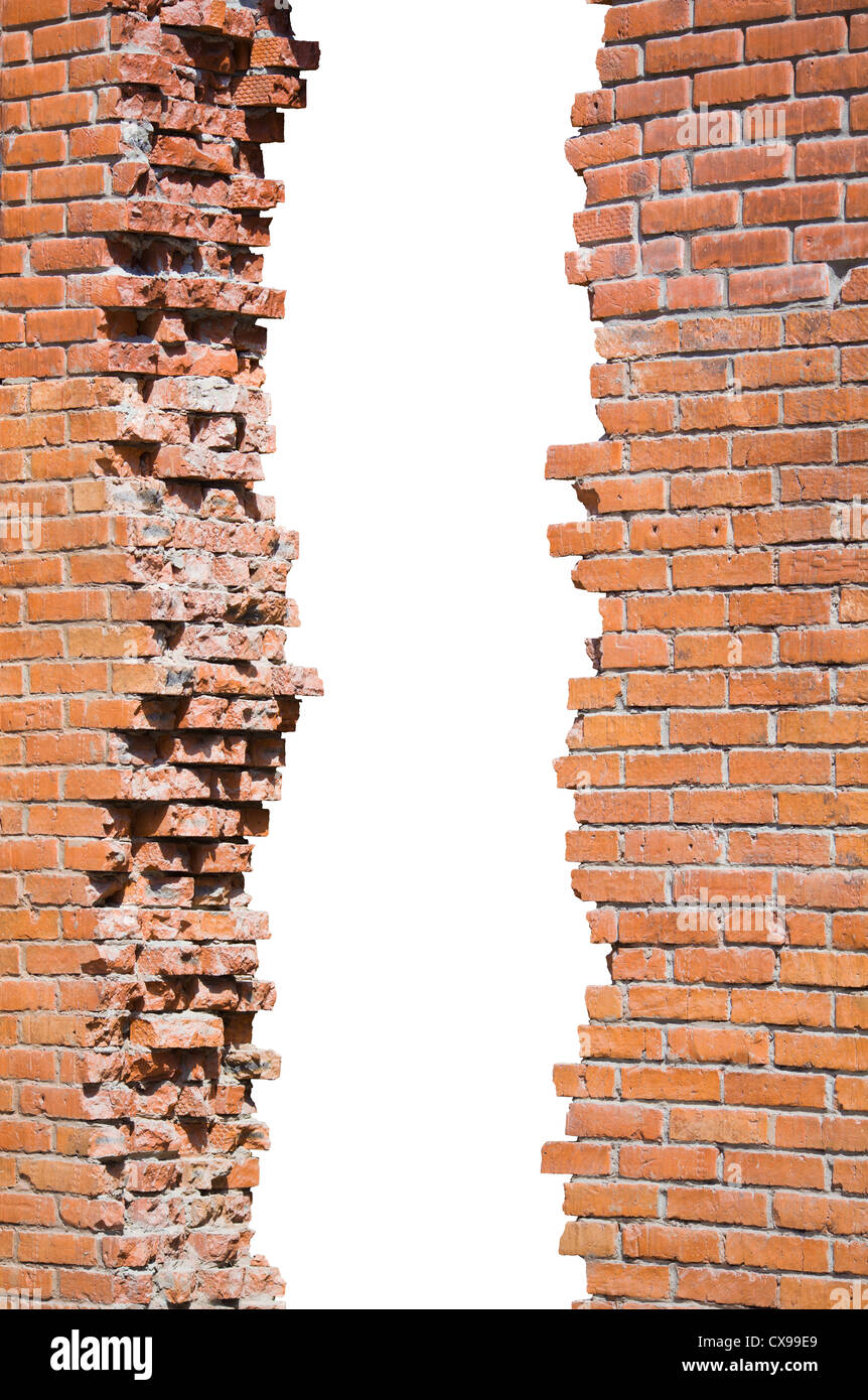 Broken brick wall isolated Stock Photo
