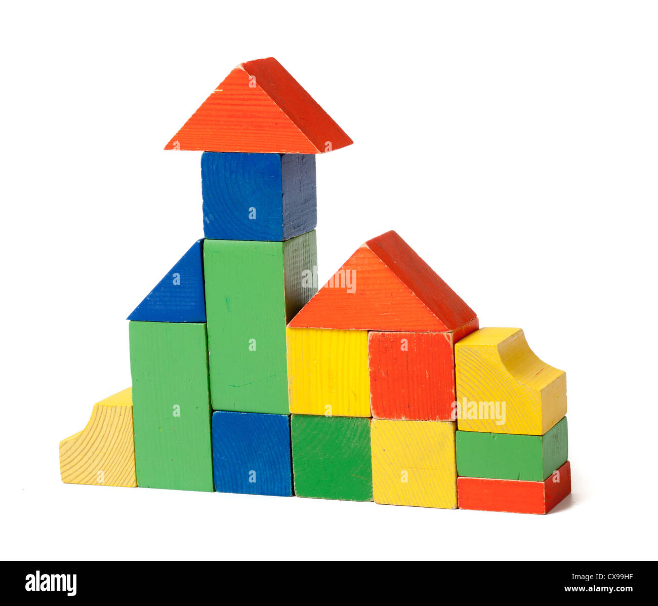 Simple house made from colorful wooden building blocks Stock Photo