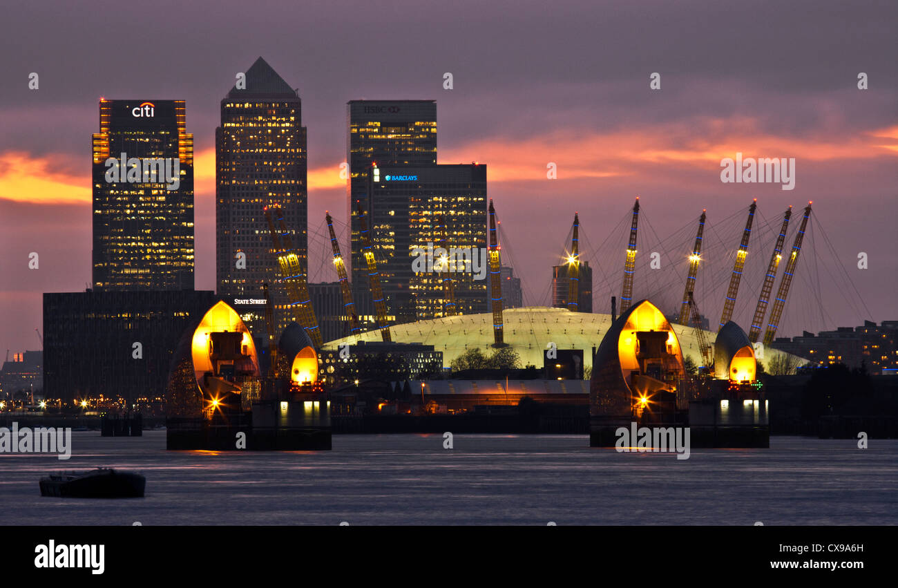 O2 arena and Canary Wharf towers viewed from the Thames barrier in London, UK. Stock Photo