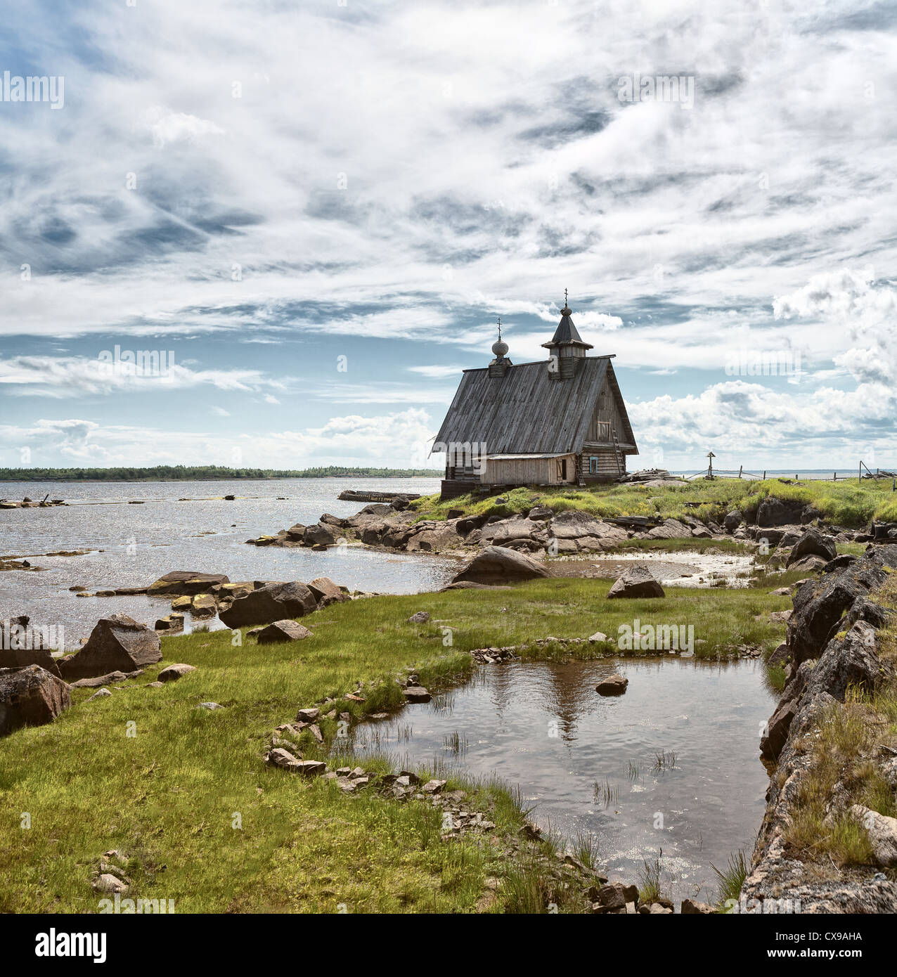 Church on the White Sea. Rabocheostrovsk, Karelia, Russia. Stock Photo