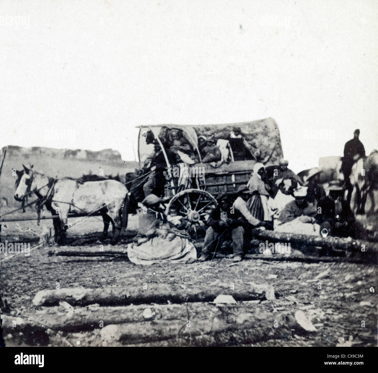 African American men, women, and children seated in front of and inside a mule-drawn covered wagon. Stock Photo