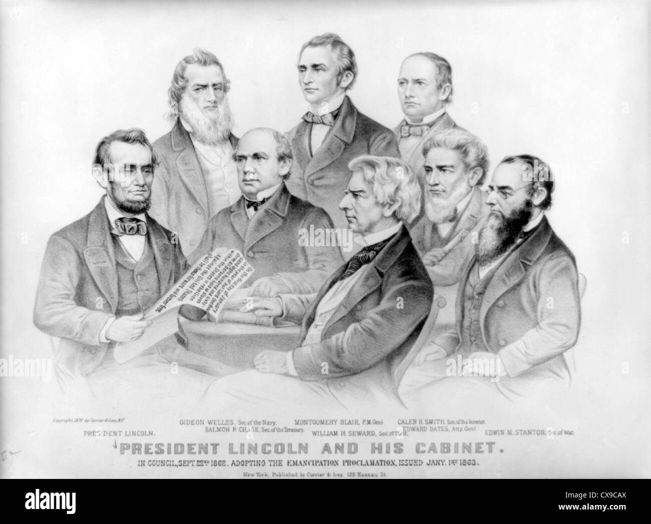 President Lincoln and his cabinet adopting the Emancipation Proclamation Stock Photo