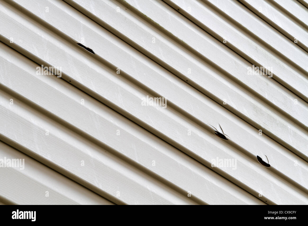 Angled shot of a vinyl siding panel on a house damaged by a summer hail