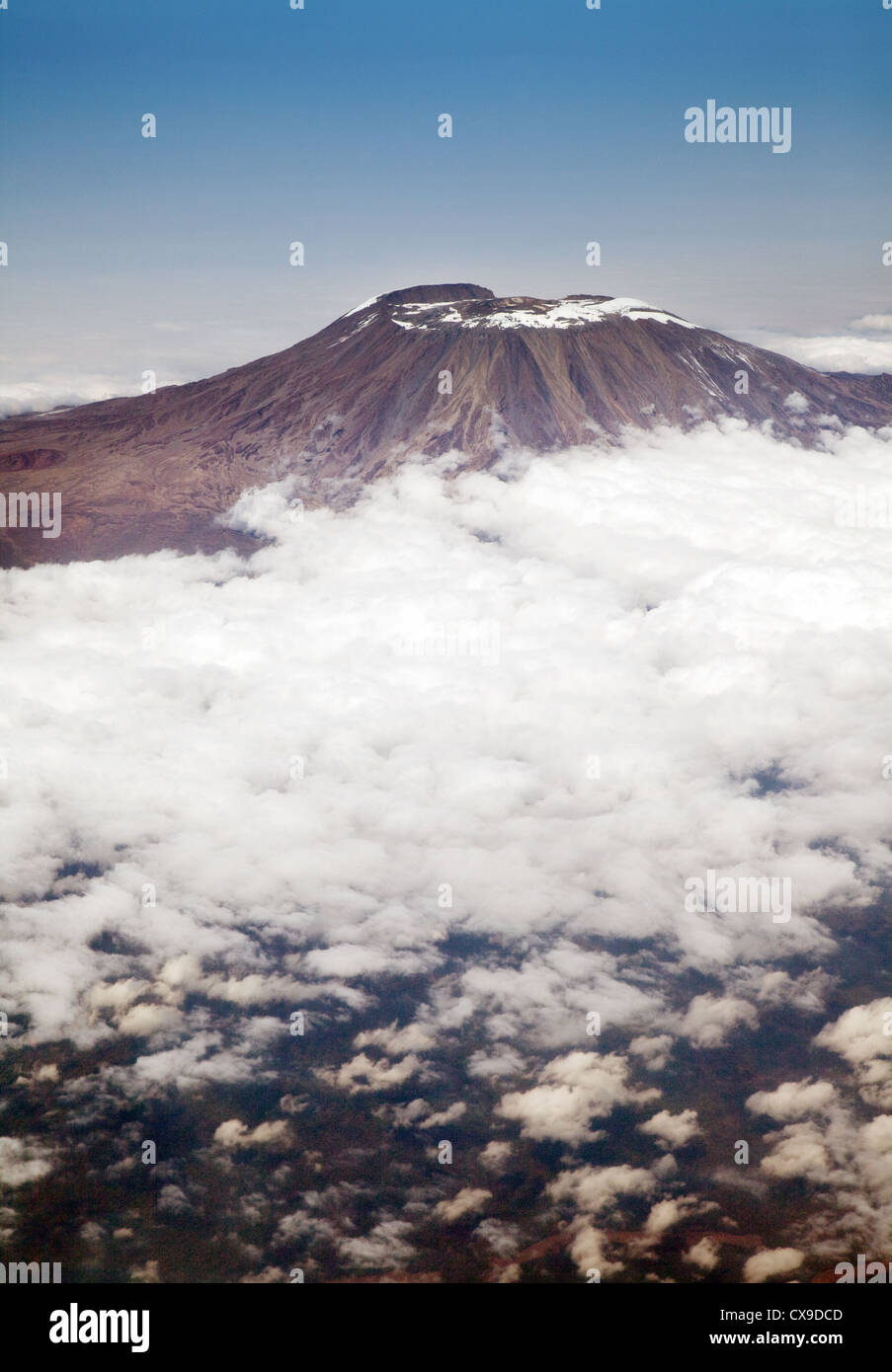 Mt Kilimanjaro snow capped summit, aerial view , Tanzania Africa Stock Photo