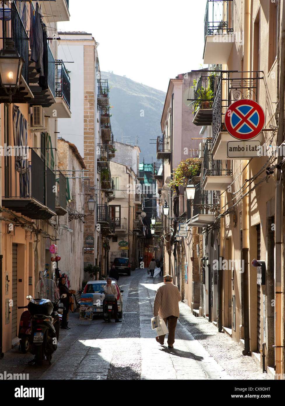 narrow street scene, Cefalu old town, Sicily Stock Photo - Alamy