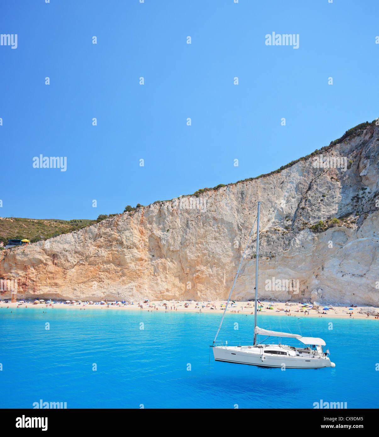 Yacht anchored at Porto Katsiki beach on the island of Lefkada, Greece Stock Photo