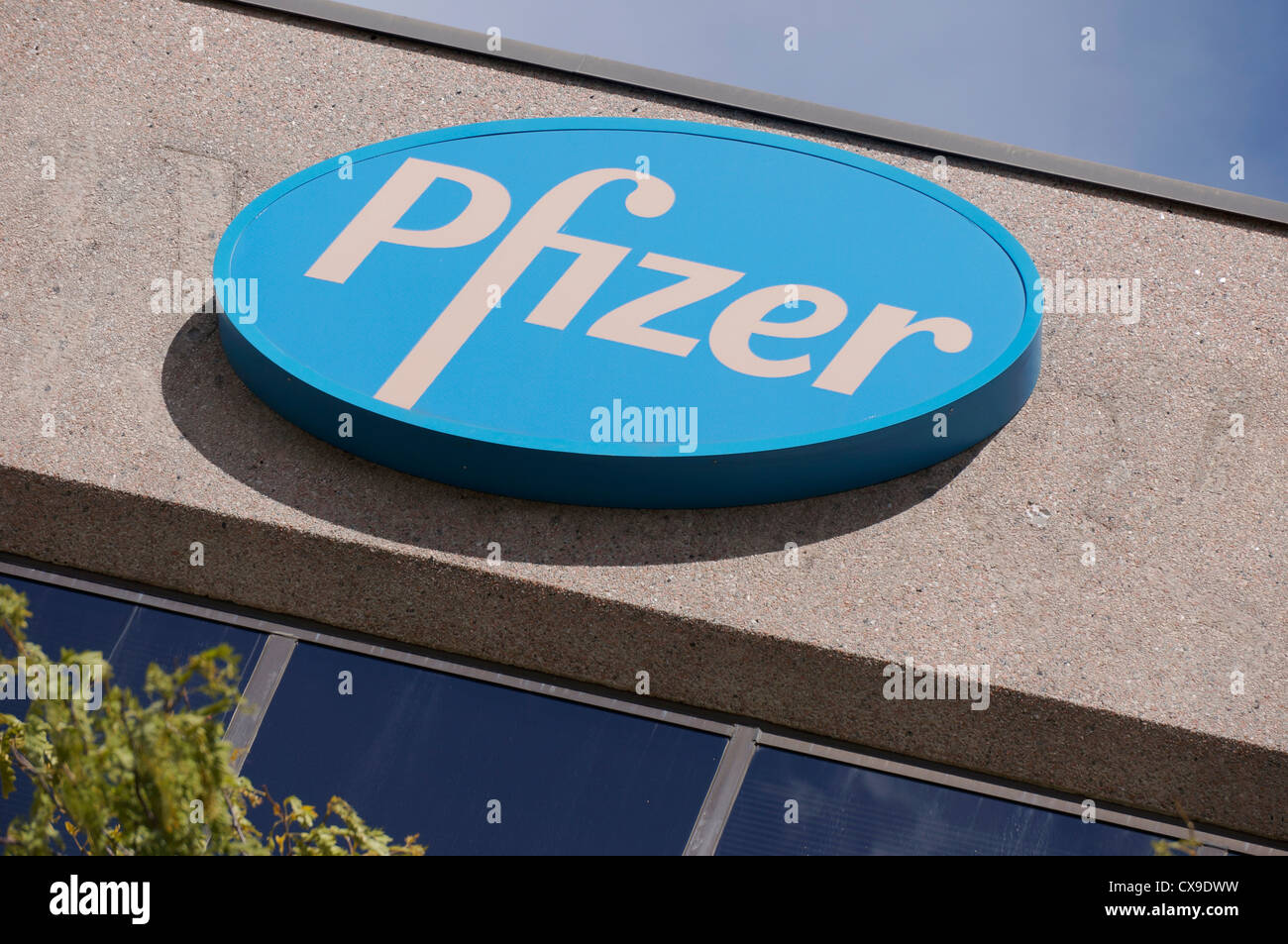 Pfizer pharmaceutical company sign, logo Stock Photo