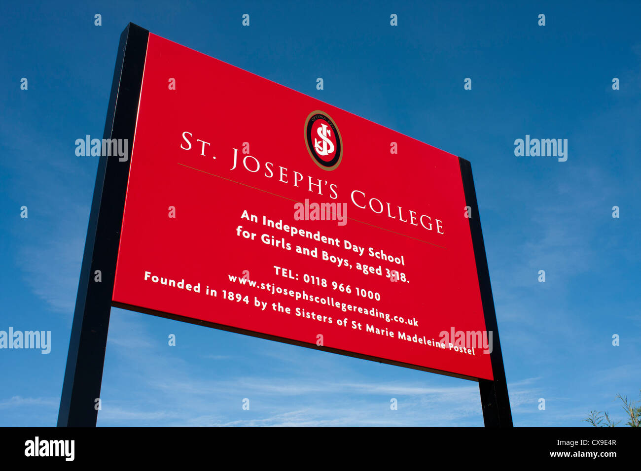 Sign outside St. Joseph's College, a co-educational, independent day school in Reading. Stock Photo