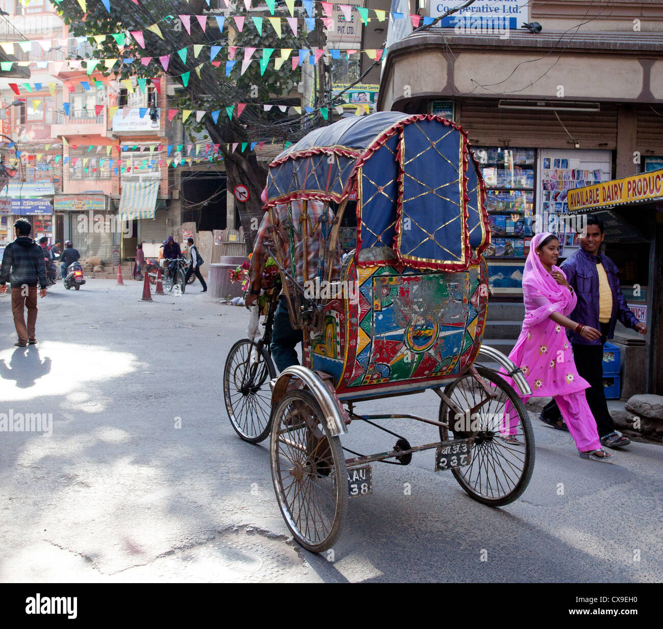 Colourful traditional rickshaw on a street in Thamel, Kathmandu, Nepal Stock Photo