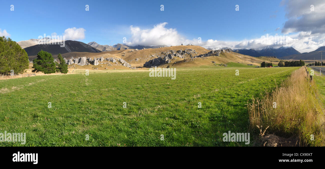 Panoramic view of Castle Hill, Canterbury New Zealand. In the background are limestone rock formations - famous in the Hobbit. Stock Photo