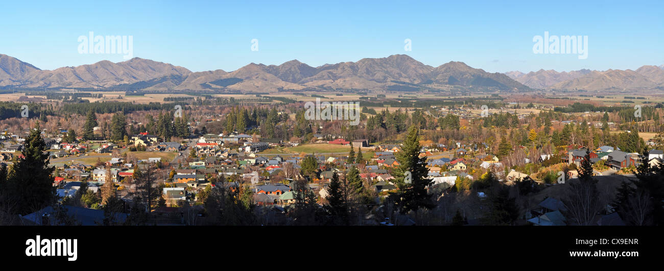 Hanmer Springs township and mountain panorama in the middle of Winter, Canterbury New Zealand Stock Photo