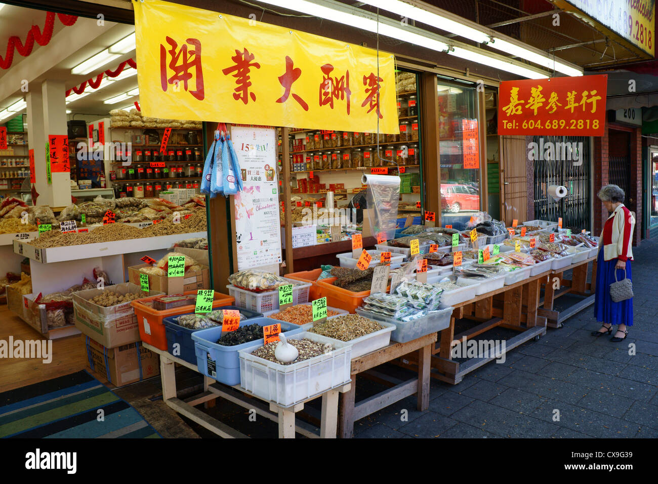 Elderly Chinese woman shopping at a food and herb shop in Chinatown