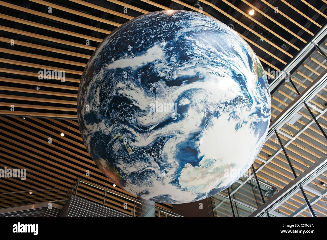 Giant Earth globe in the atrium of the Vancouver Convention Centre, Vancouver,  Canada Stock Photo
