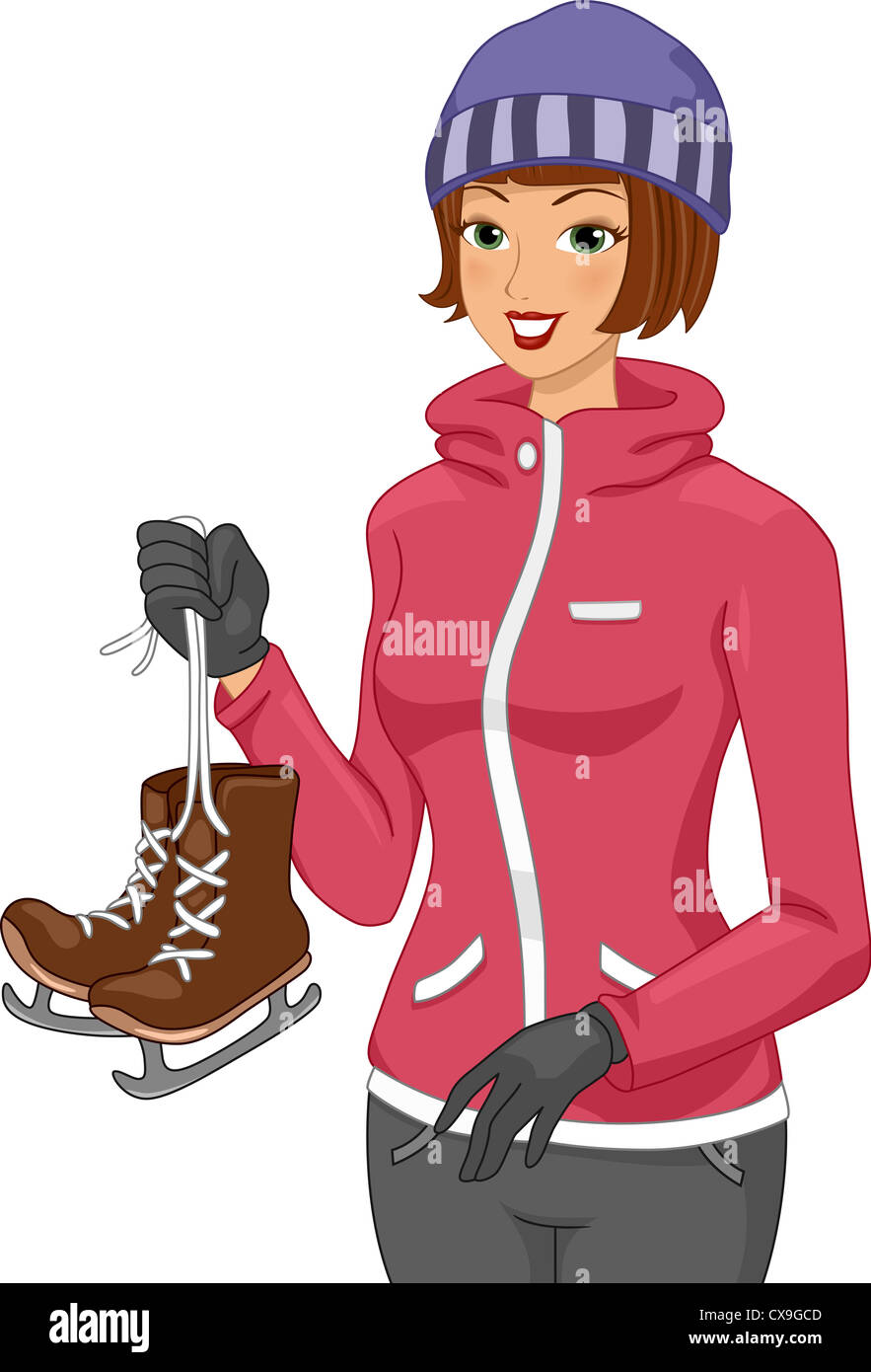 Illustration of a Woman Wearing Ice Skating Clothes and Holding a Pair of Ice Skating Shoes Stock Photo