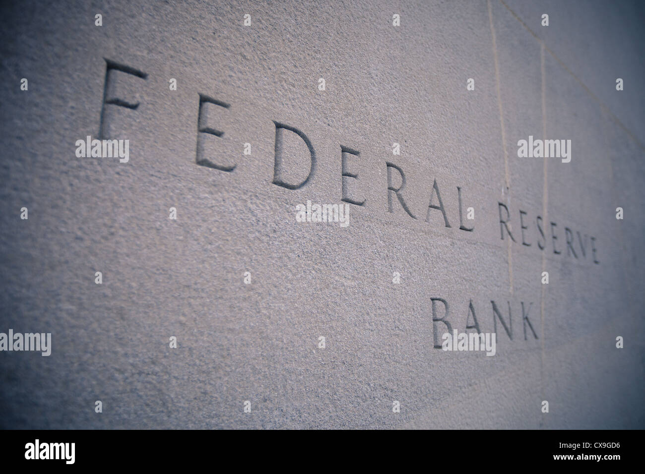 The Federal Reserve Bank in St. Louis, with its name carved in stone. Stock Photo