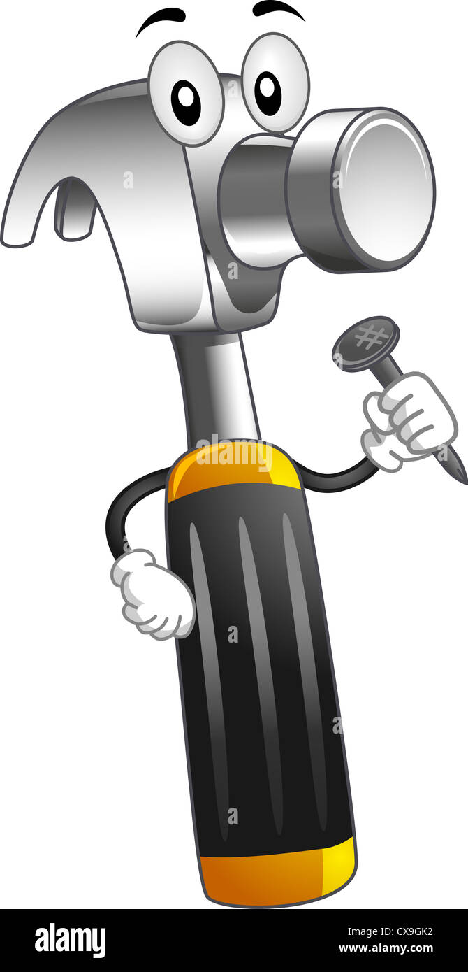 Mascot Illustration of a Hammer Holding a Nail Stock Photo