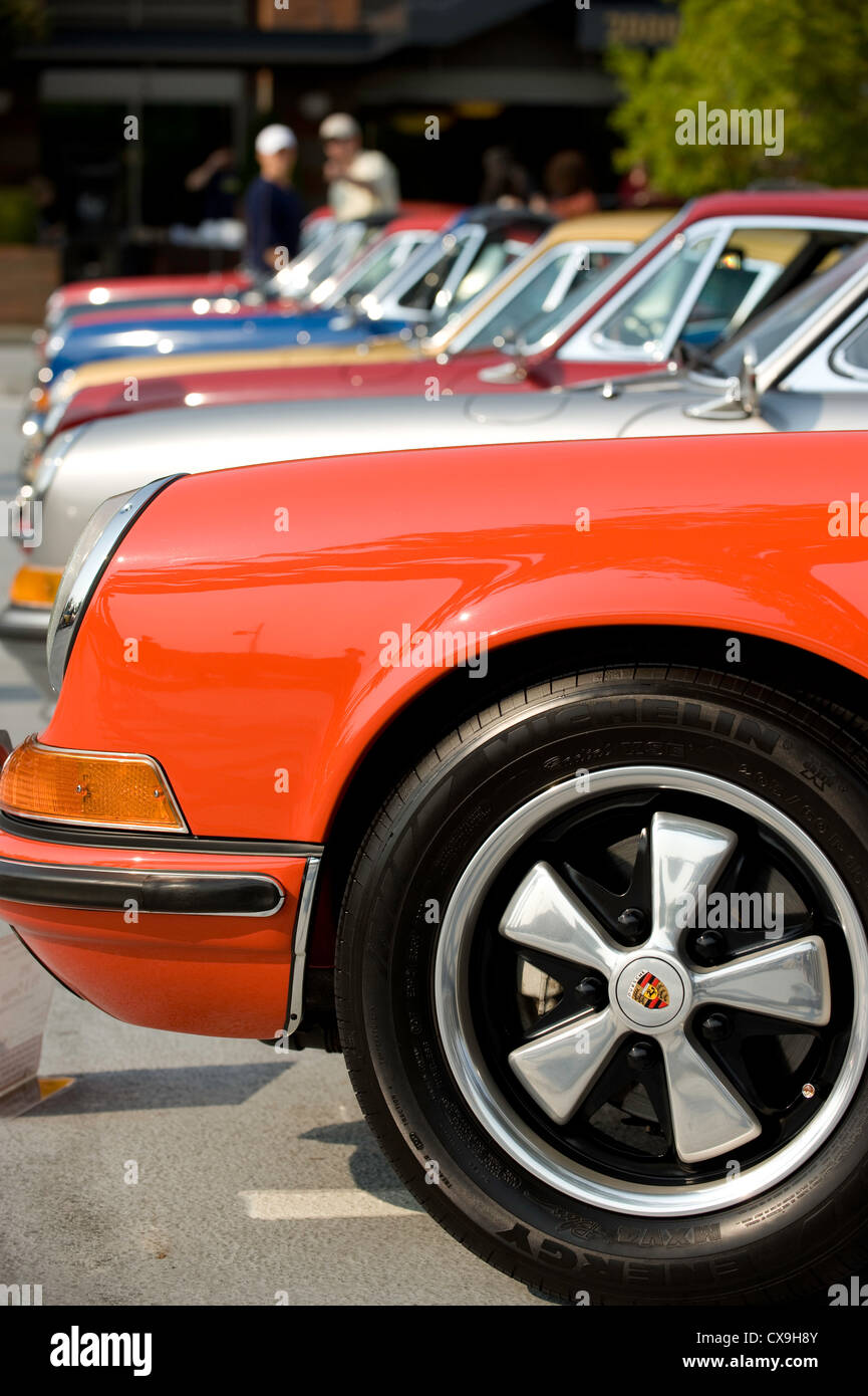 A line of Porsches at the inaugural All Porsche Grand Display in Kirkland, Washington Stock