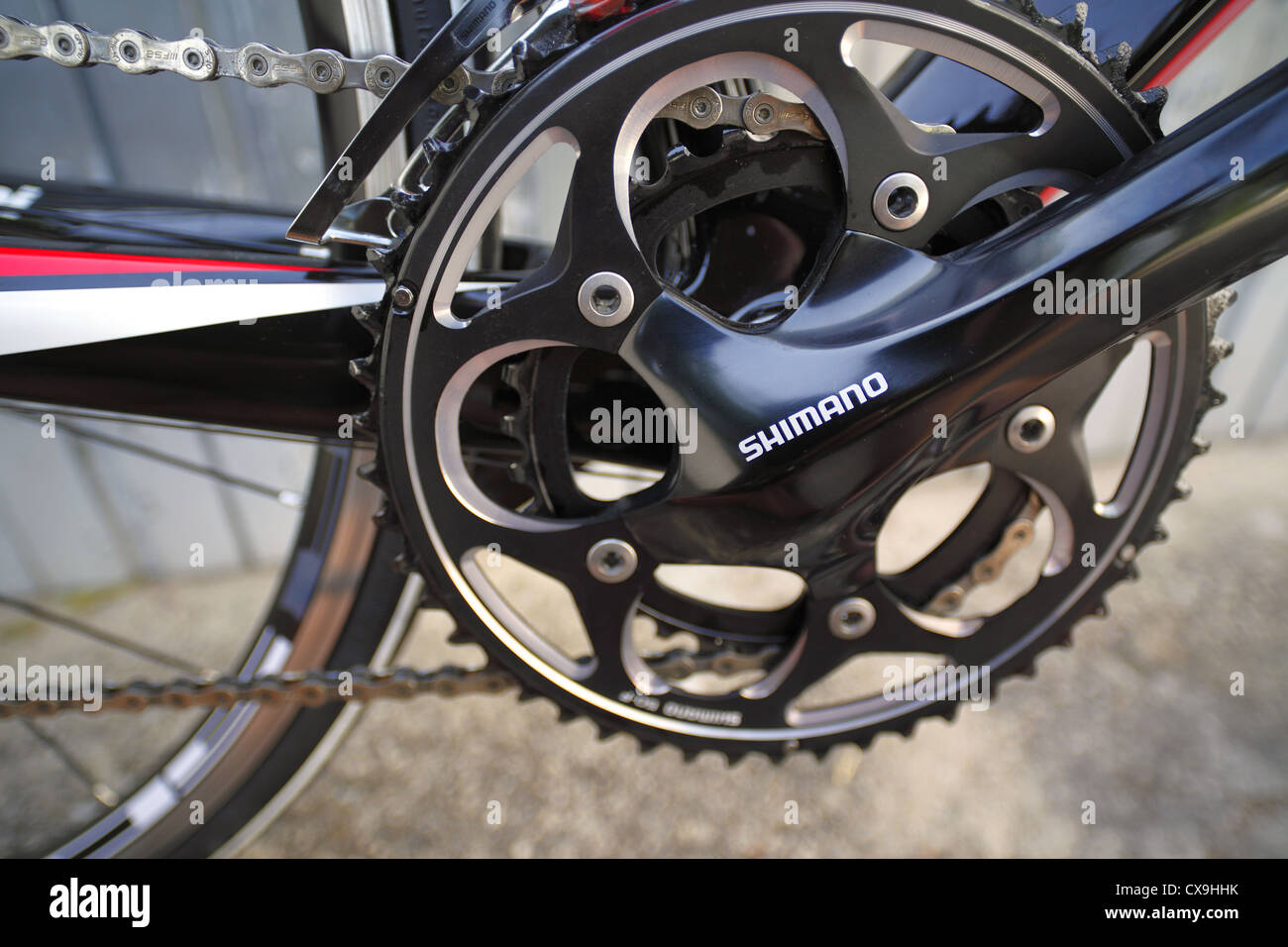 Shimano bicycle chainring detail. Stock Photo