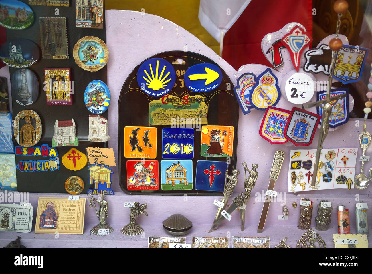 Camino souvenirs on sale in Santiago de Compostela in Spain Stock Photo