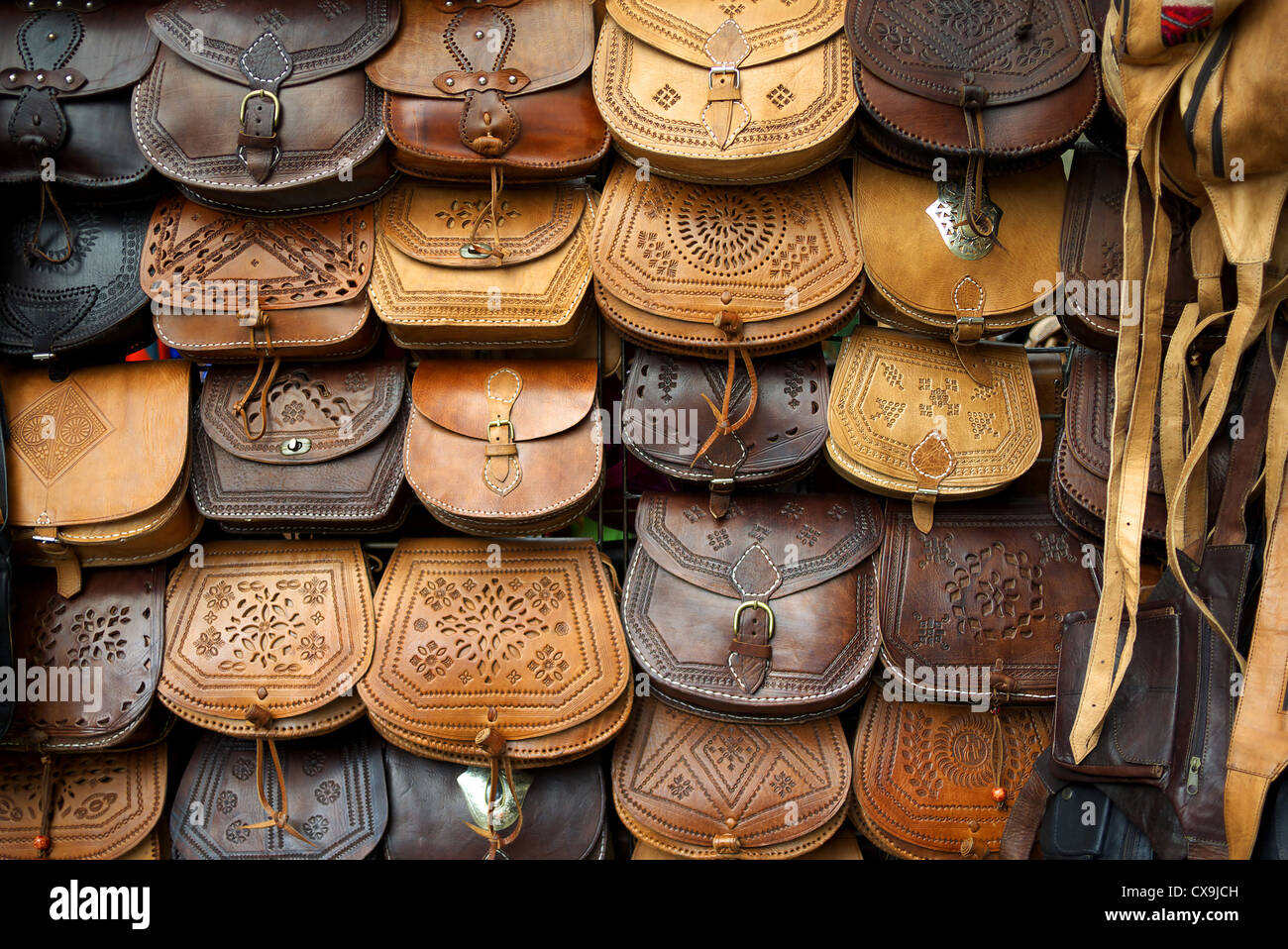 Leather handbags on sale in Santiago de Compostela, Spain Stock Photo -  Alamy