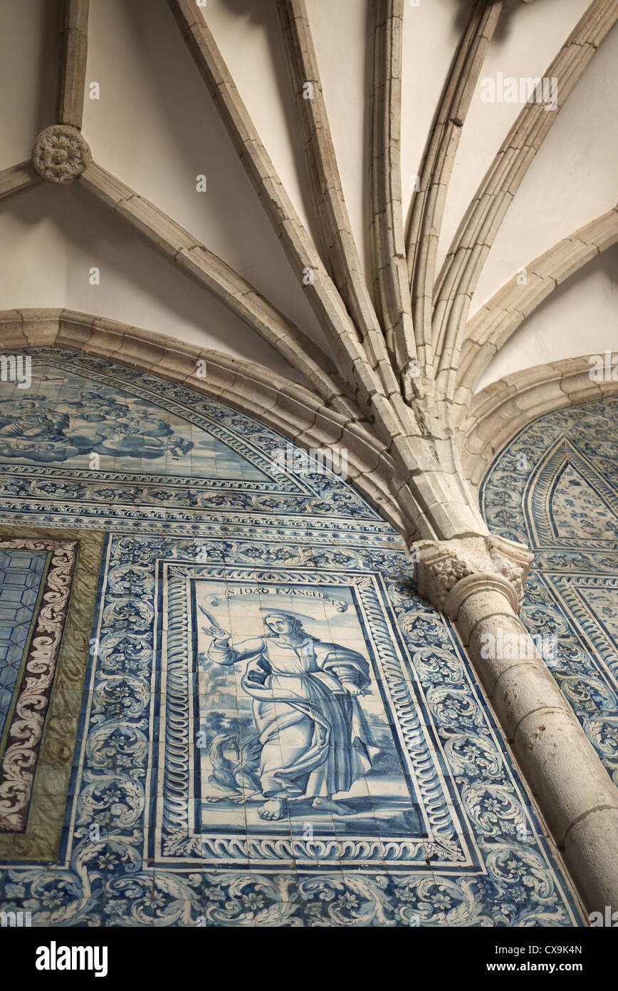 Blue and white tiles inside the church Igreja Matriz N.Sra. Da Conceicao in Golega, Portugal. Stock Photo
